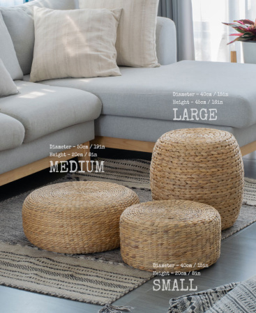 Water Hyacinth Pouf Measurements - 3 Piece Ottoman Set